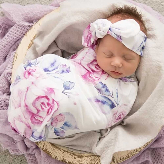 Snuggle Hunny Jersey Wrap & Topknot Set - Lilac Skies