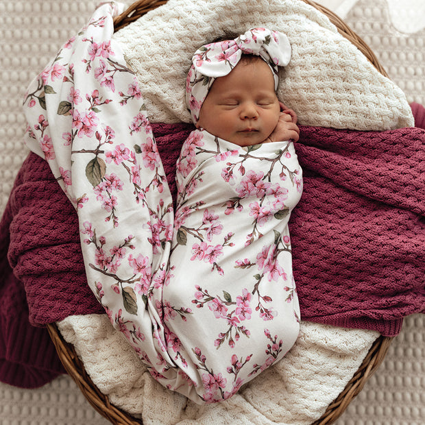 Snuggle Hunny Organic Jersey Wrap & Topknot Set - Cherry Blossom