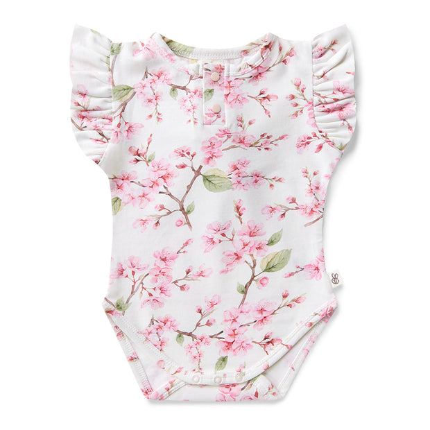 Snuggle Hunny Short Sleeve Organic Bodysuit with Frill - Cherry Blossom