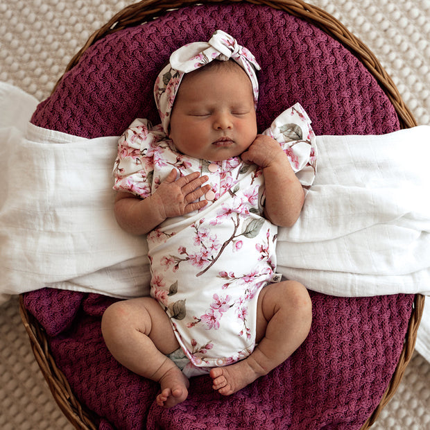 Snuggle Hunny Short Sleeve Organic Bodysuit with Frill - Cherry Blossom