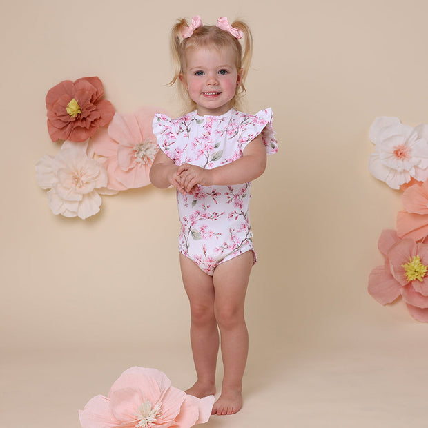 Snuggle Hunny Short Sleeve Organic Bodysuit with Frill - Cherry Blossom