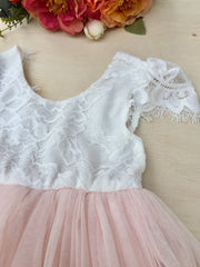A Little Lacey Celeste Girls Dress - White & Peach