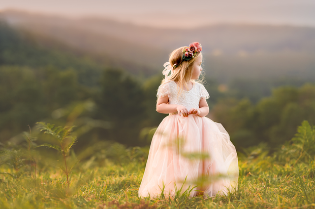 A Little Lacey Celeste Girls Dress - White & Peach