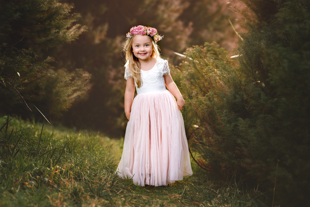 A Little Lacey Celeste Girls Dress - White & Peach