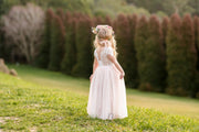 A Little Lacey Celeste Girls Dress - White & Peach