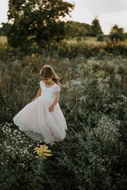 A Little Lacey Celeste Girls Dress - White & Peach