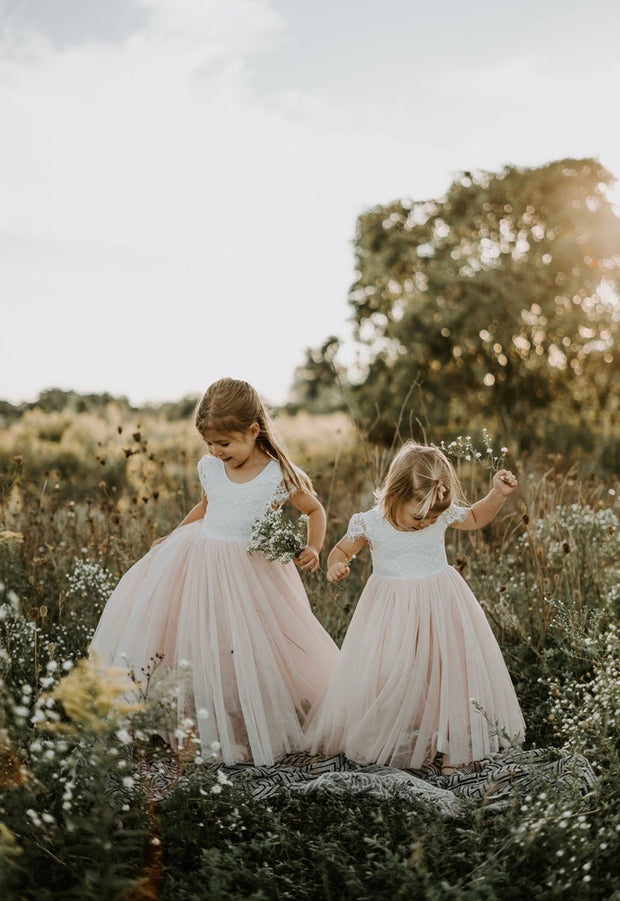 A Little Lacey Celeste Girls Dress - White & Peach