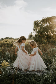 A Little Lacey Celeste Girls Dress - White & Peach