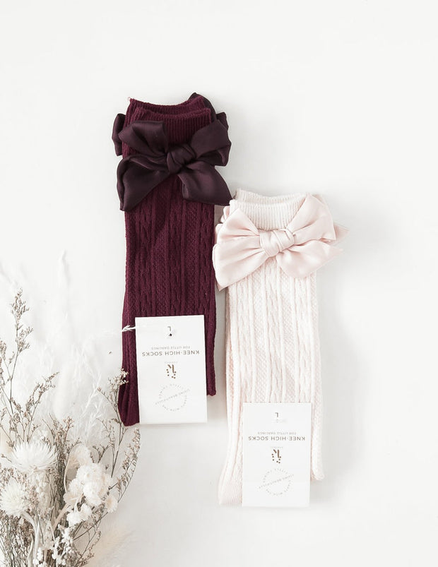 Karibou Luxe Knee-High Socks with Satin Bow in Plum