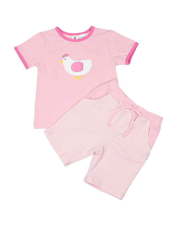 Korango Girls Hen Pink & White Summer 2 Piece Pyjama Set