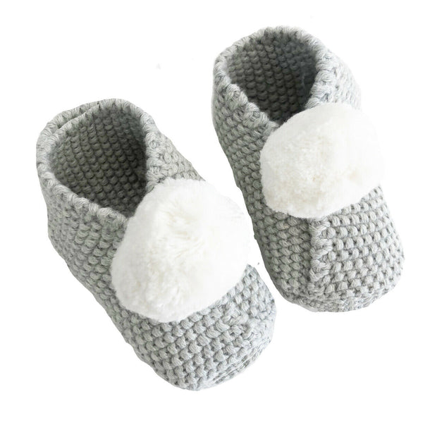 Alimrose Baby Pom Pom Slippers - Grey & Ivory Booties