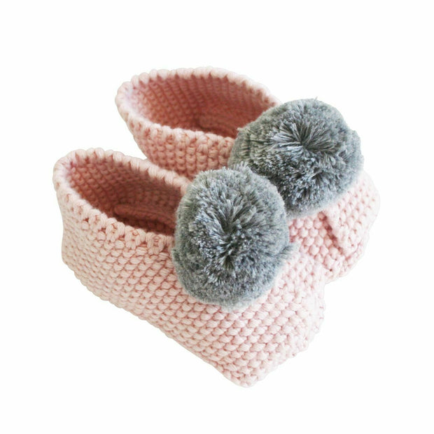 Alimrose Baby Pom Pom Slippers - Rosewater & Grey Booties